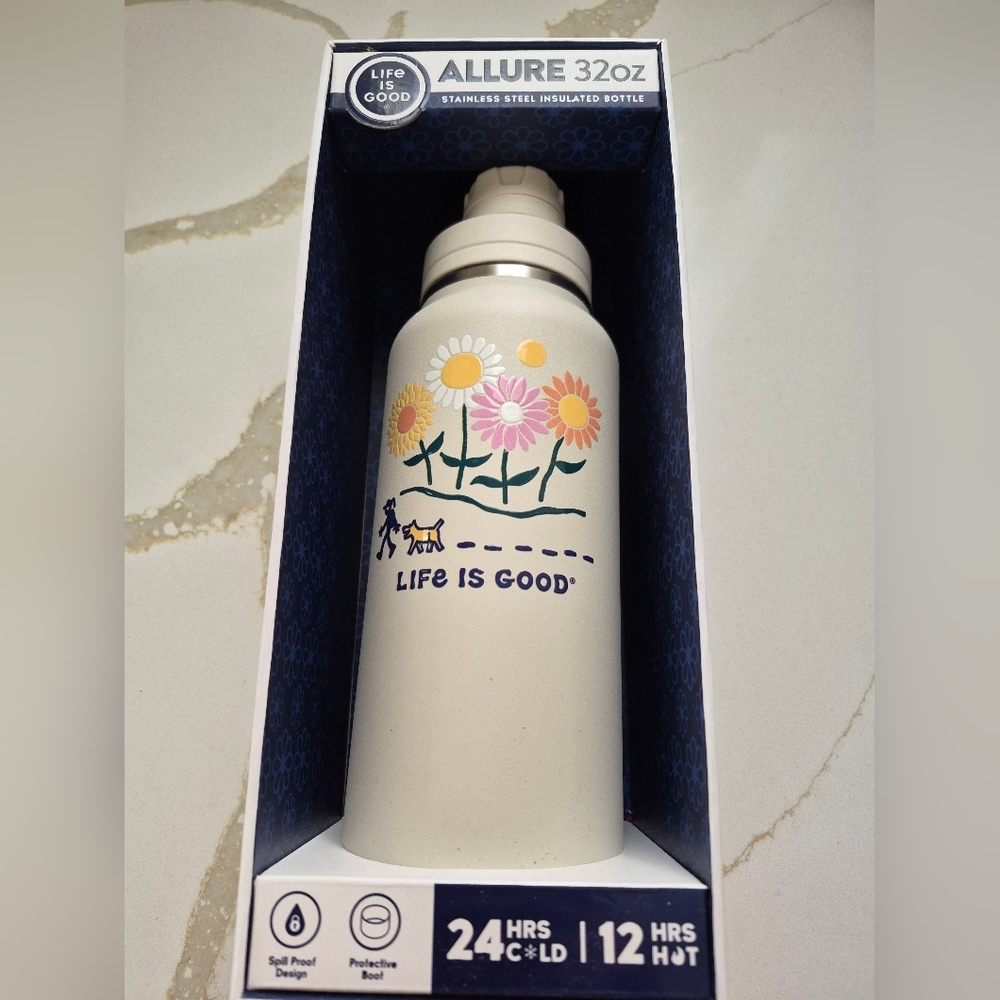 Life Is Good Stainless Steel Waterbottle 32 oz. Screw Top, Finger Handle